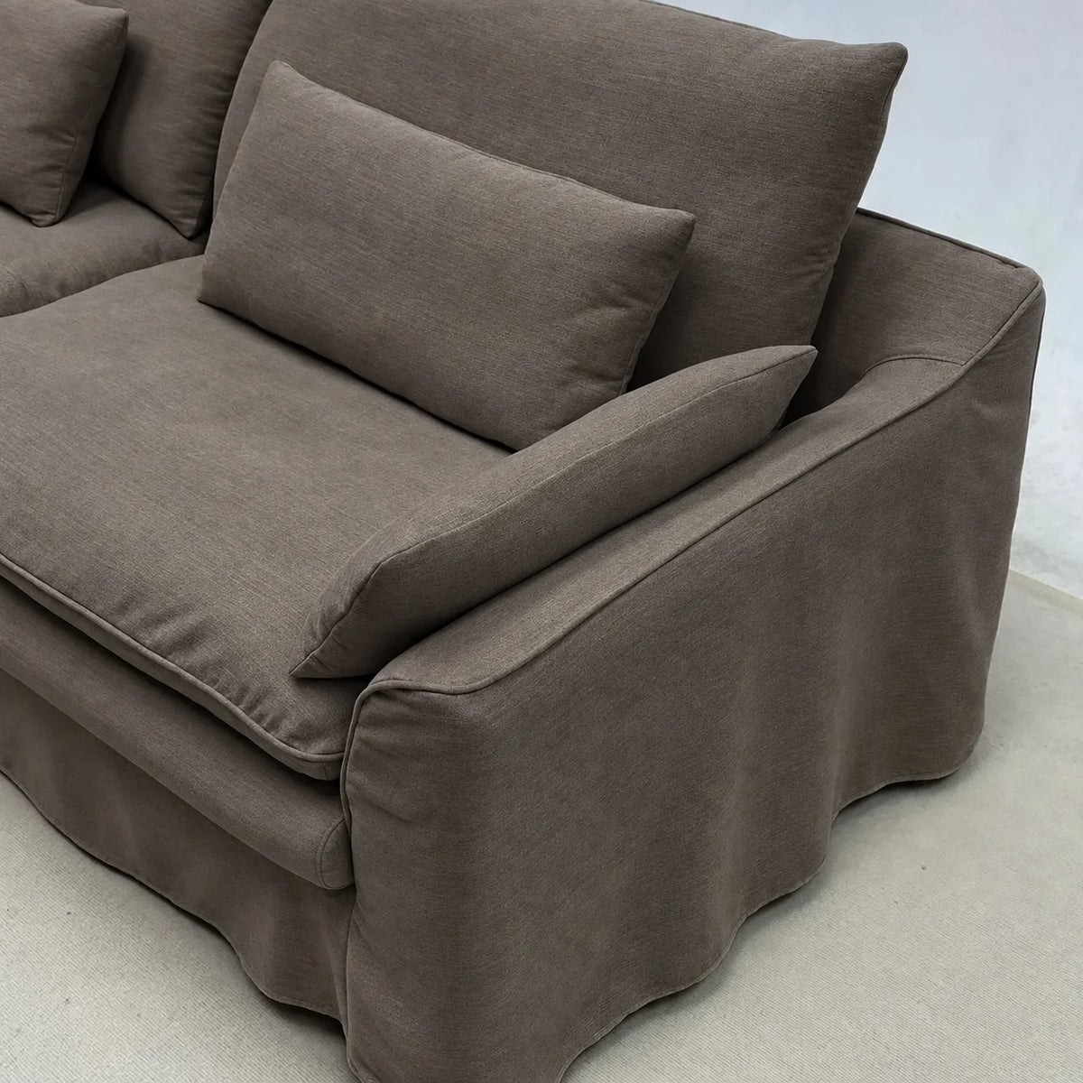 Custom Sofa Slipcover — Elara Flax · Espresso Bark