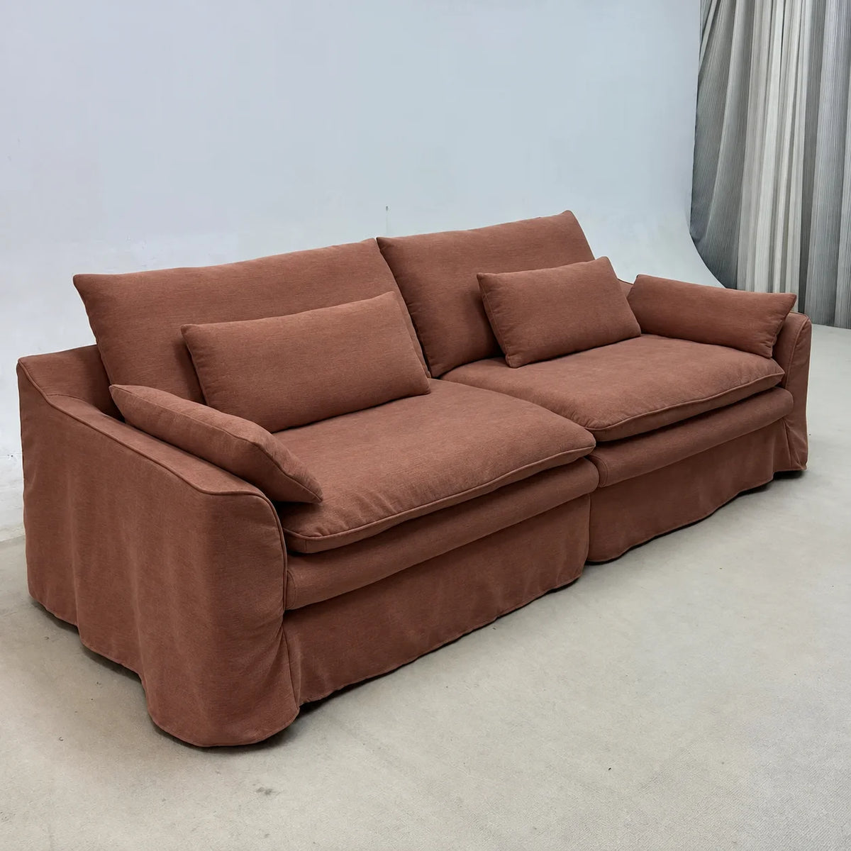 Custom Sofa Slipcover — Elara Flax · Imperial Crimson