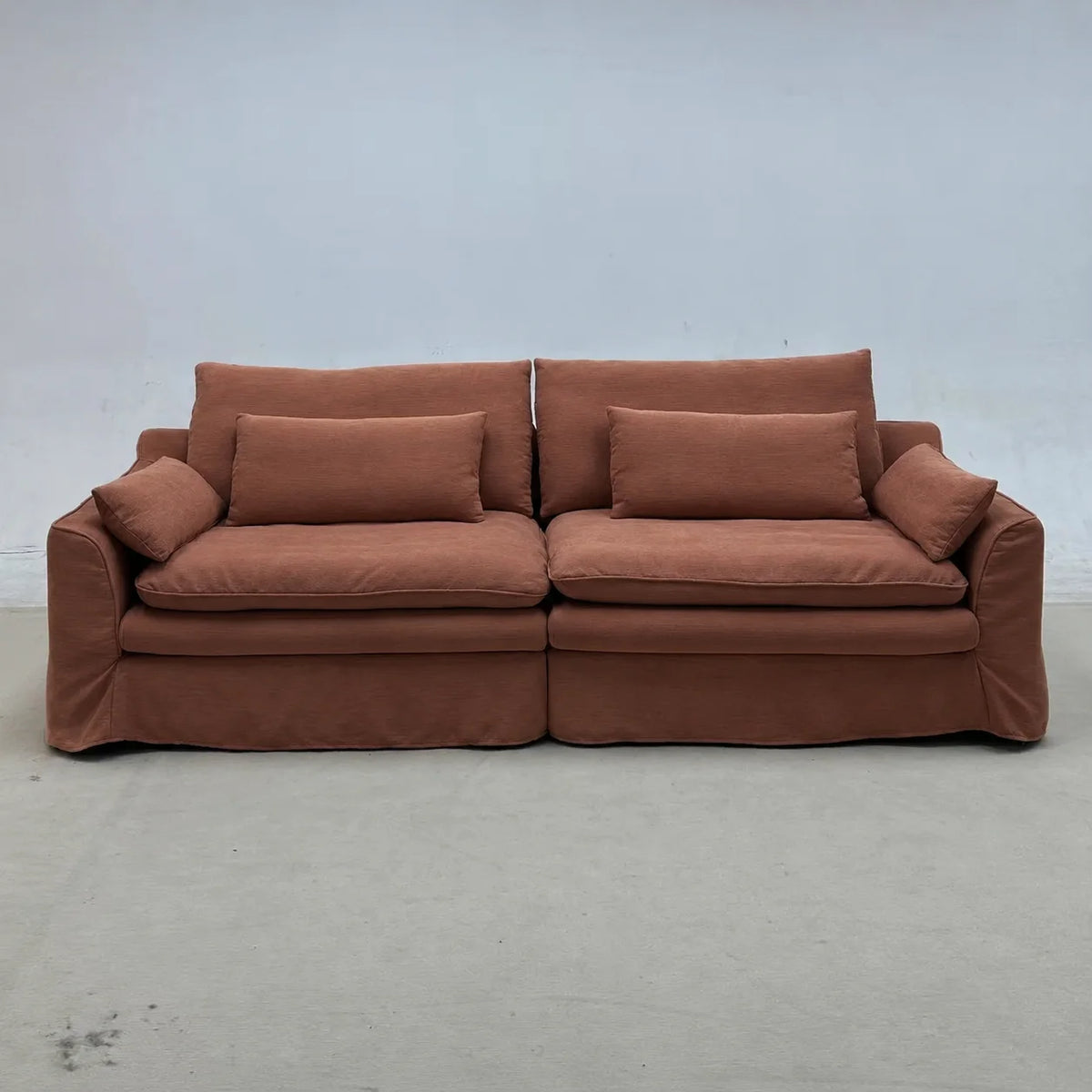 Custom Sofa Slipcover — Elara Flax · Imperial Crimson