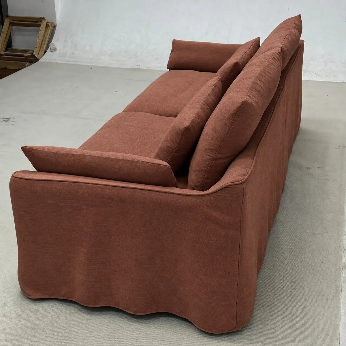 Custom Sofa Slipcover — Elara Flax · Imperial Crimson