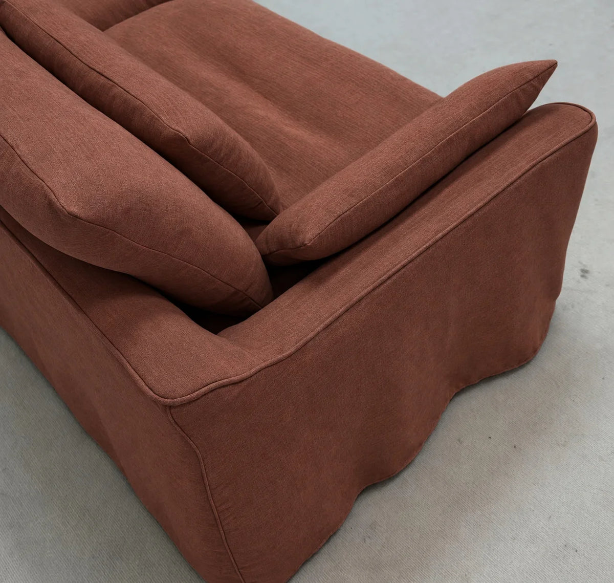 Custom Sofa Slipcover — Elara Flax · Imperial Crimson