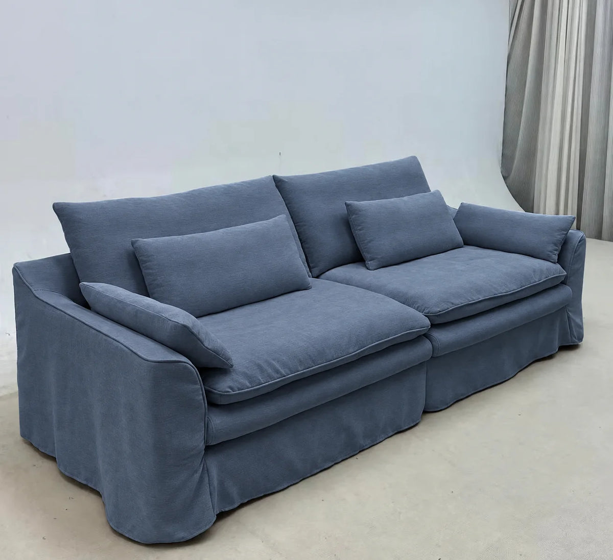 Custom Sofa Slipcover — Elara Flax · Indigo Denim