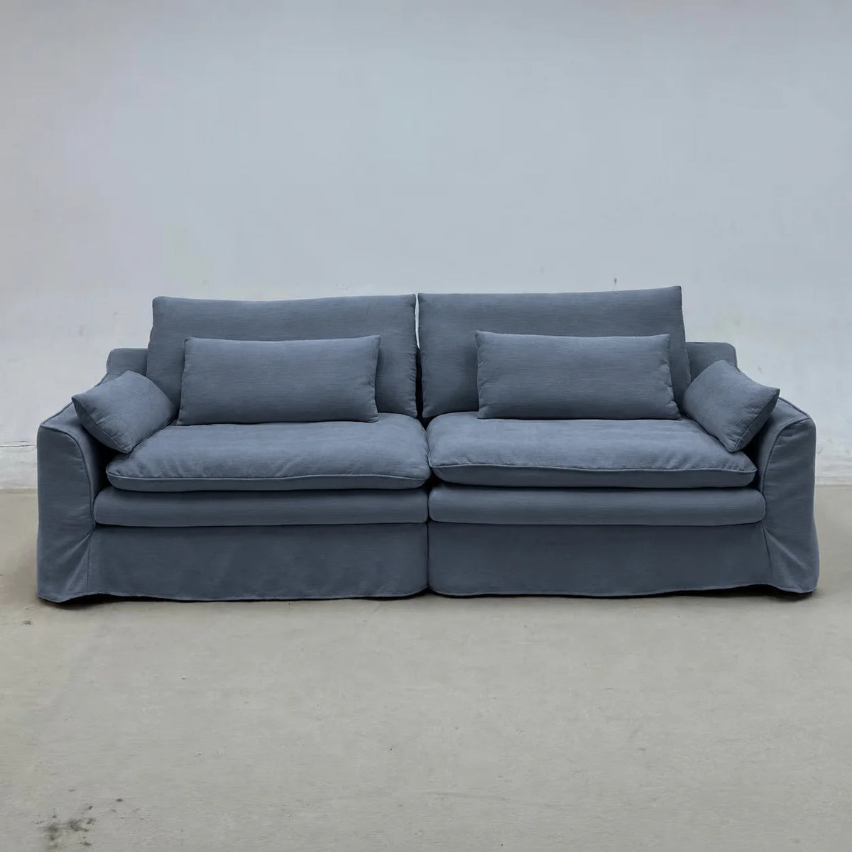 Custom Sofa Slipcover — Elara Flax · Indigo Denim
