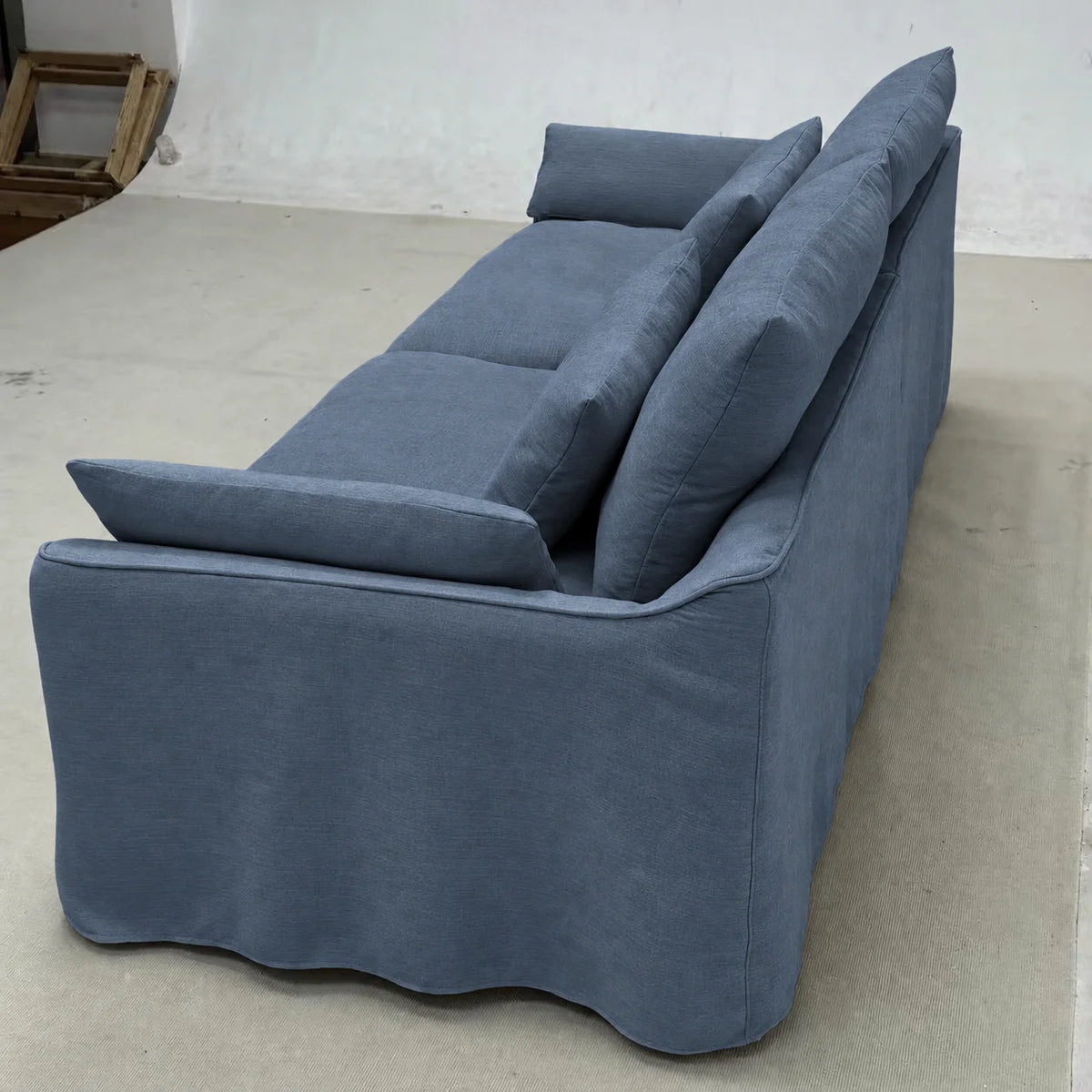 Custom Sofa Slipcover — Elara Flax · Indigo Denim