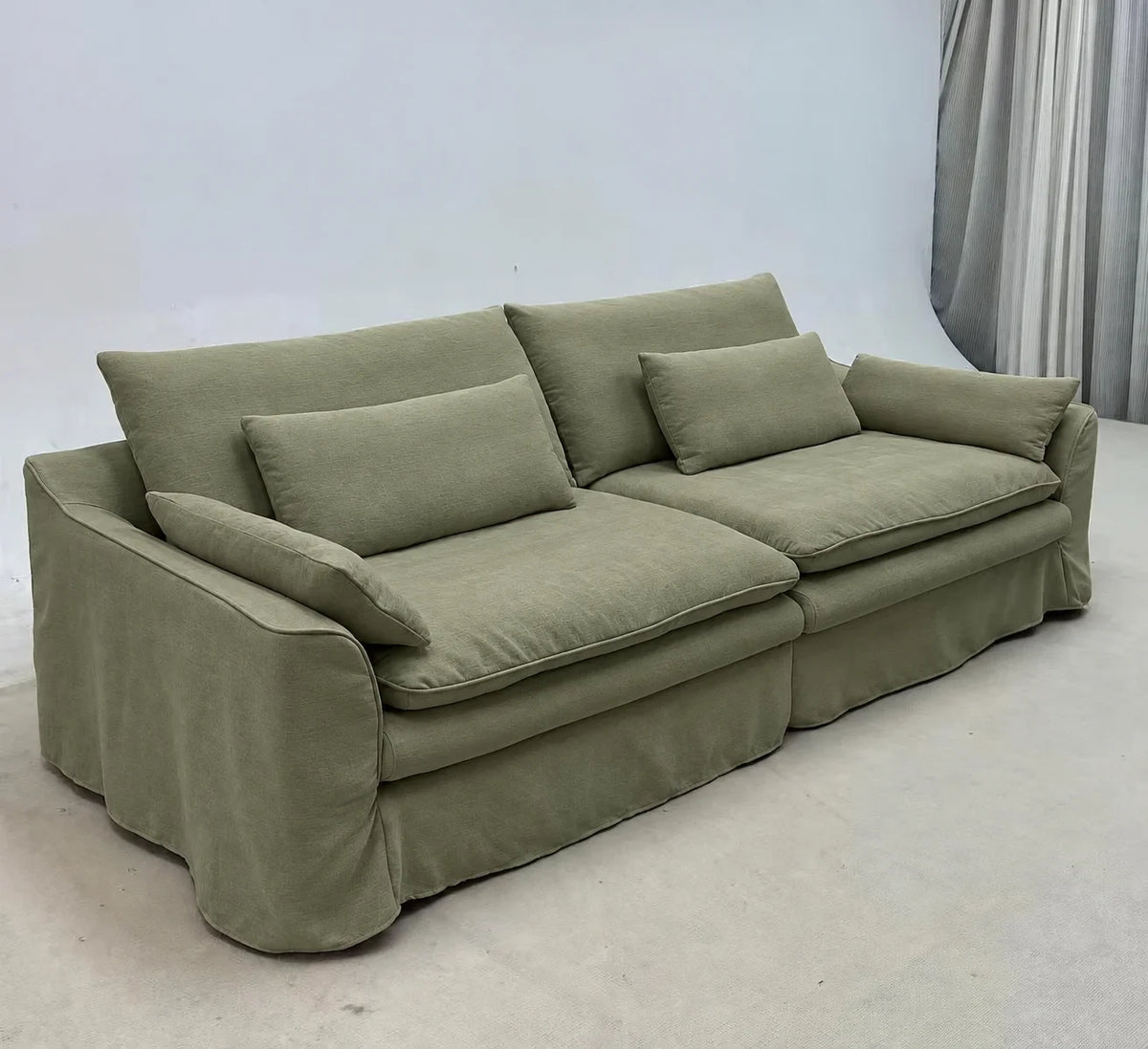 Custom Sofa Slipcover — Elara Flax · Matcha Mist