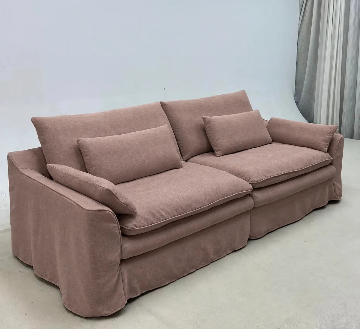 Custom Sofa Slipcover — Elara Flax · Rosewood Dusk