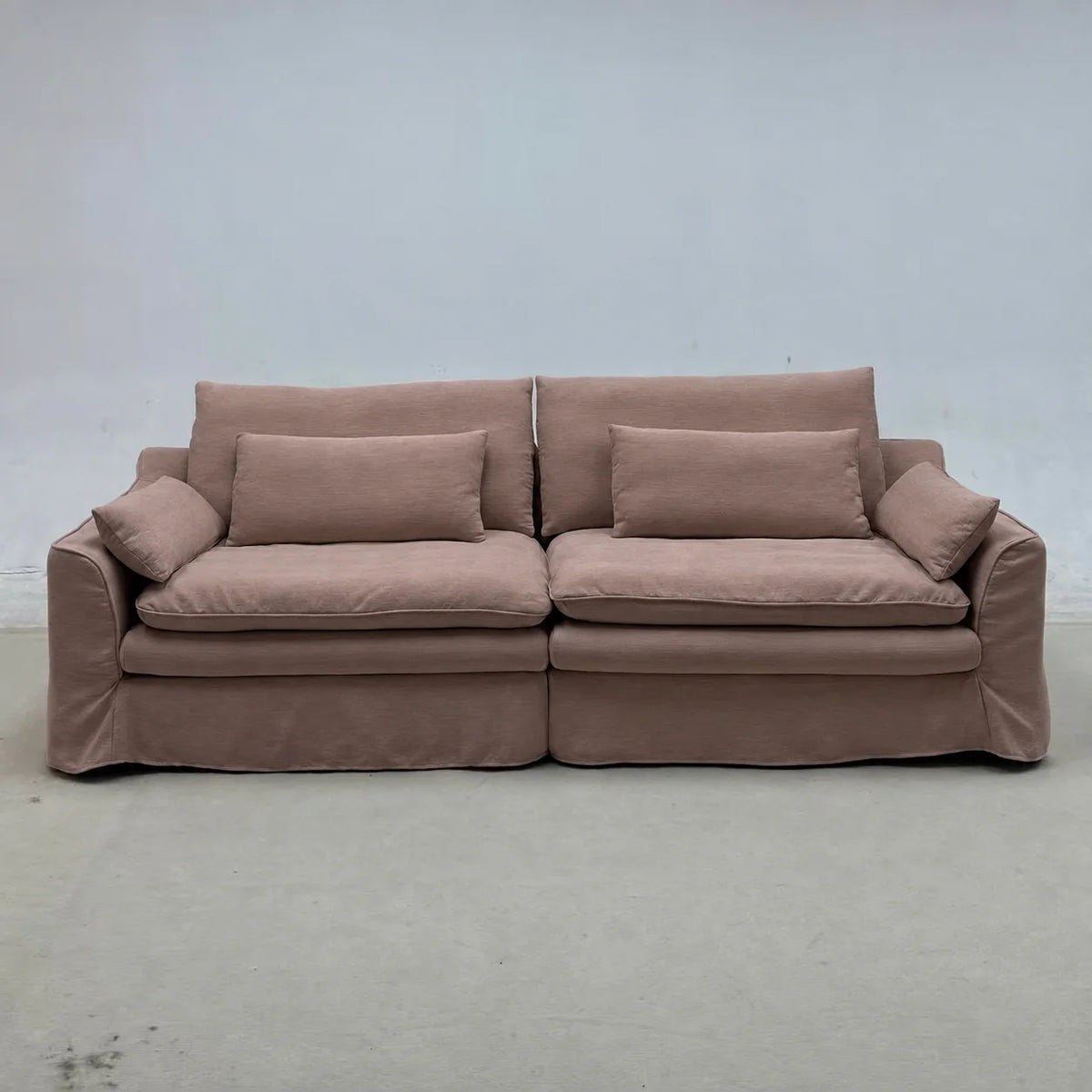 Custom Sofa Slipcover — Elara Flax · Rosewood Dusk