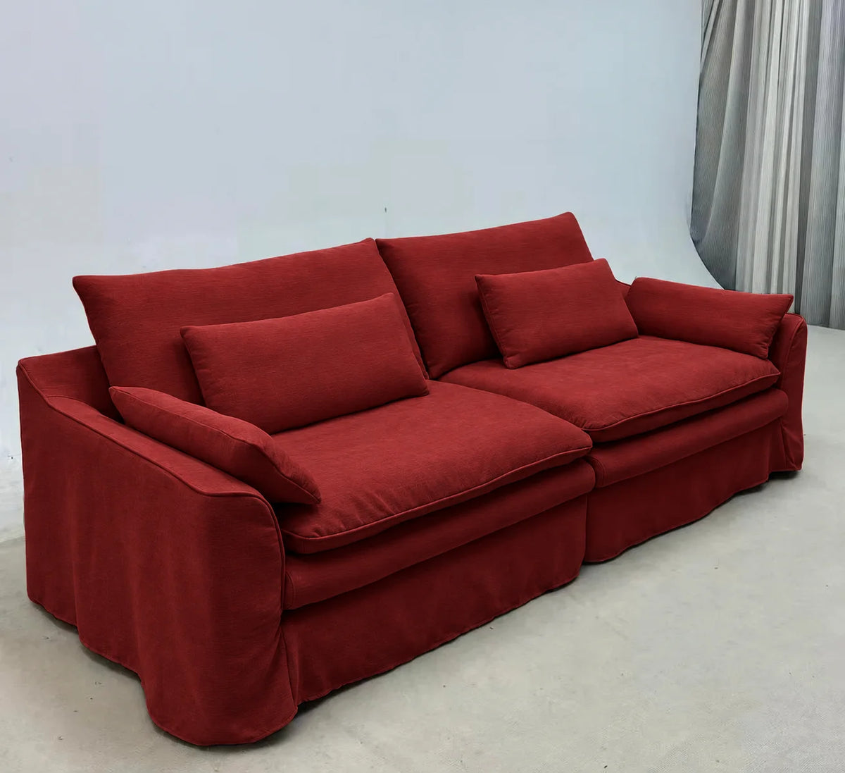 Custom Sofa Slipcover — Elara Flax · Ruby Cherry