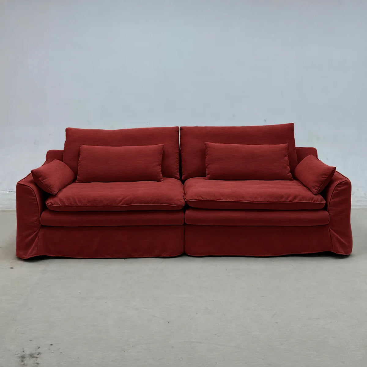 Custom Sofa Slipcover — Elara Flax · Ruby Cherry