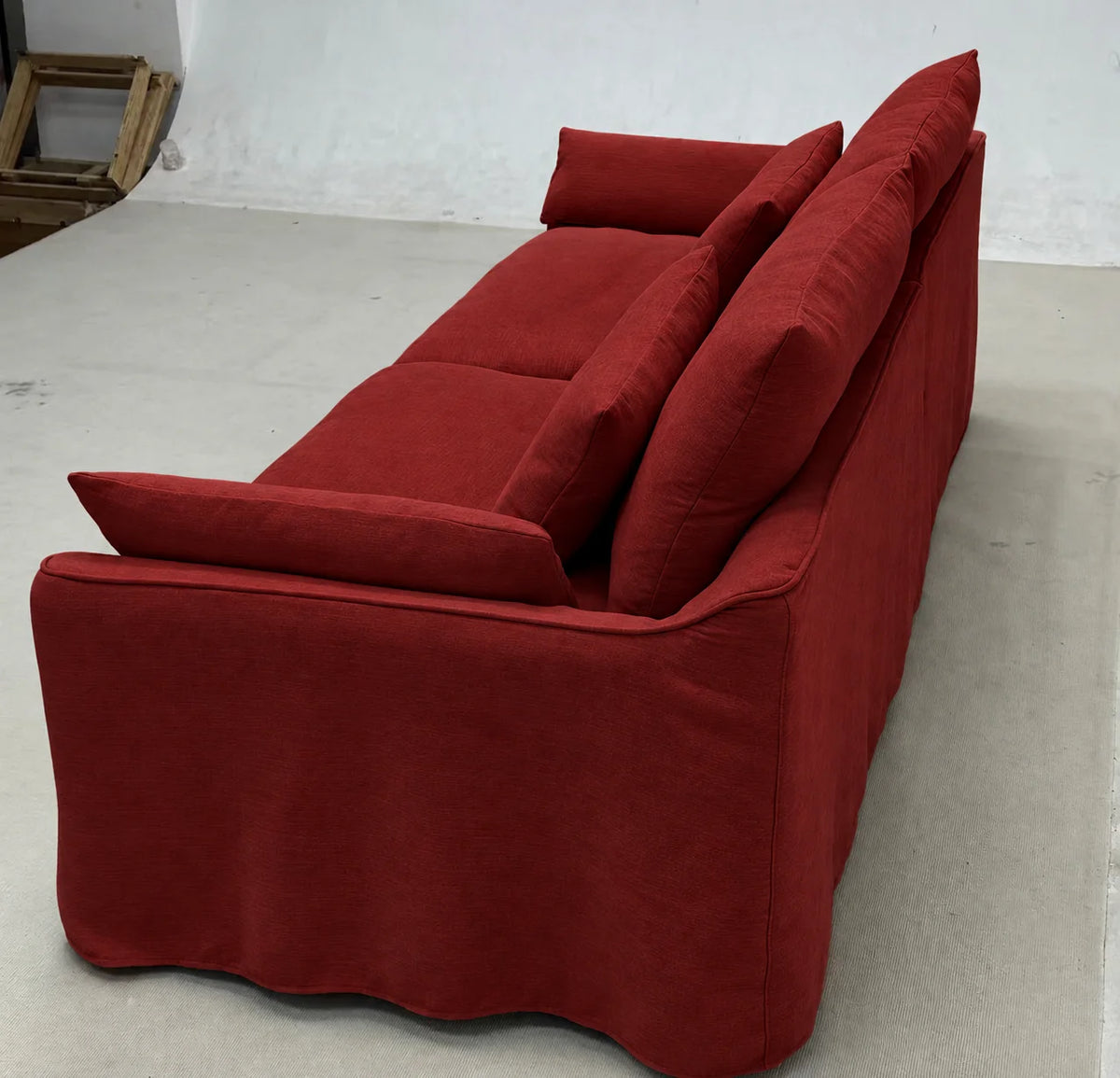 Custom Sofa Slipcover — Elara Flax · Ruby Cherry