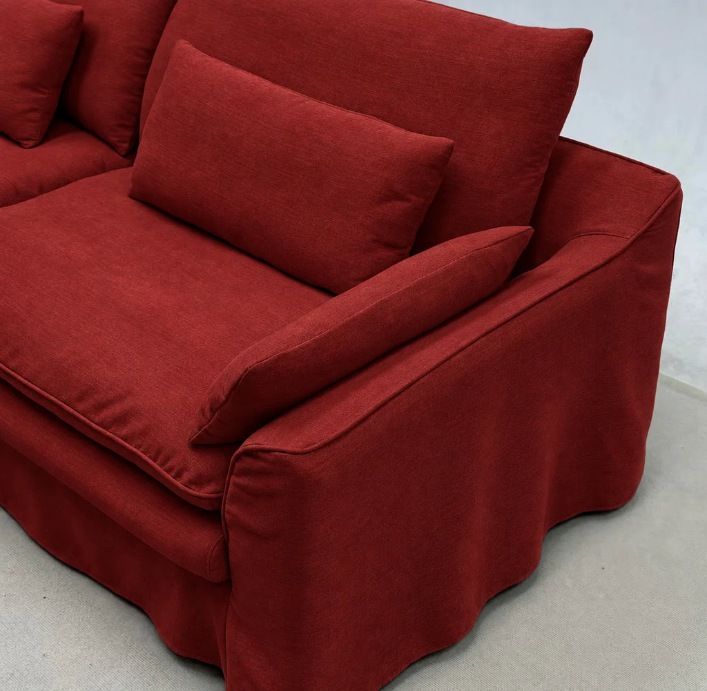Custom Sofa Slipcover — Elara Flax · Ruby Cherry