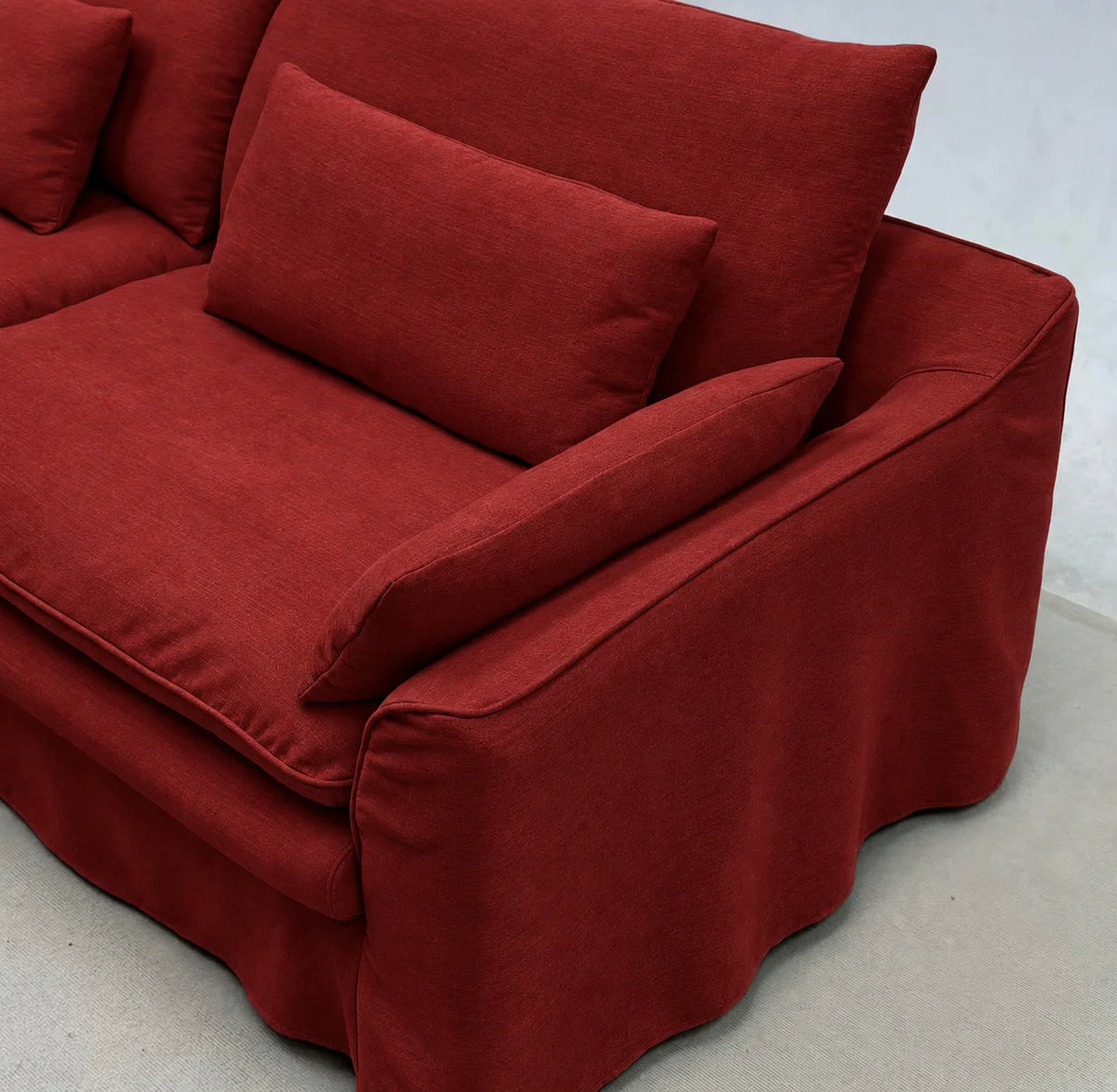 Custom Sofa Slipcover — Elara Flax · Ruby Cherry