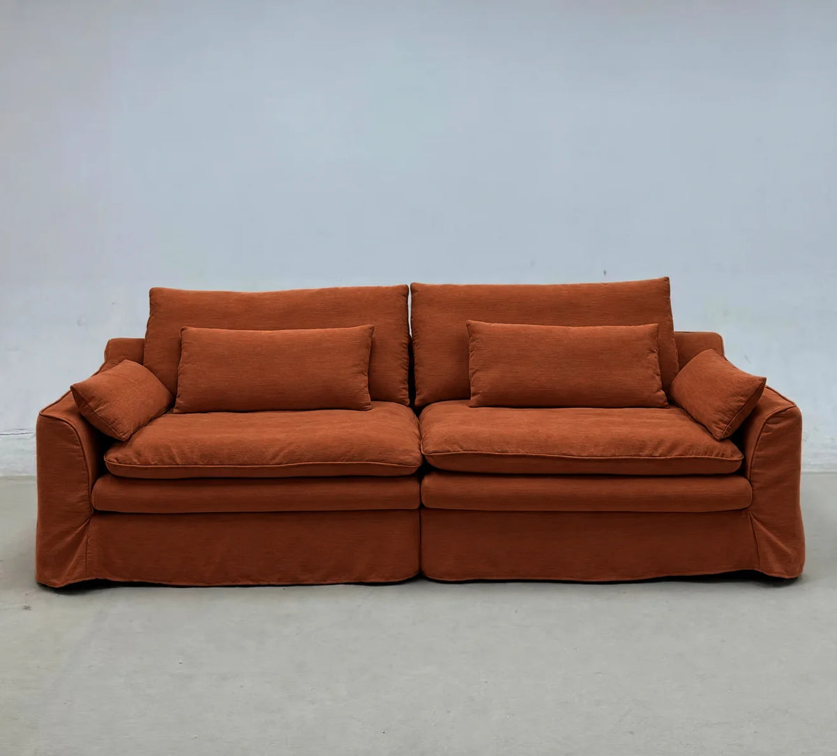 Custom Sofa Slipcover — Elara Flax · Sienna Flame