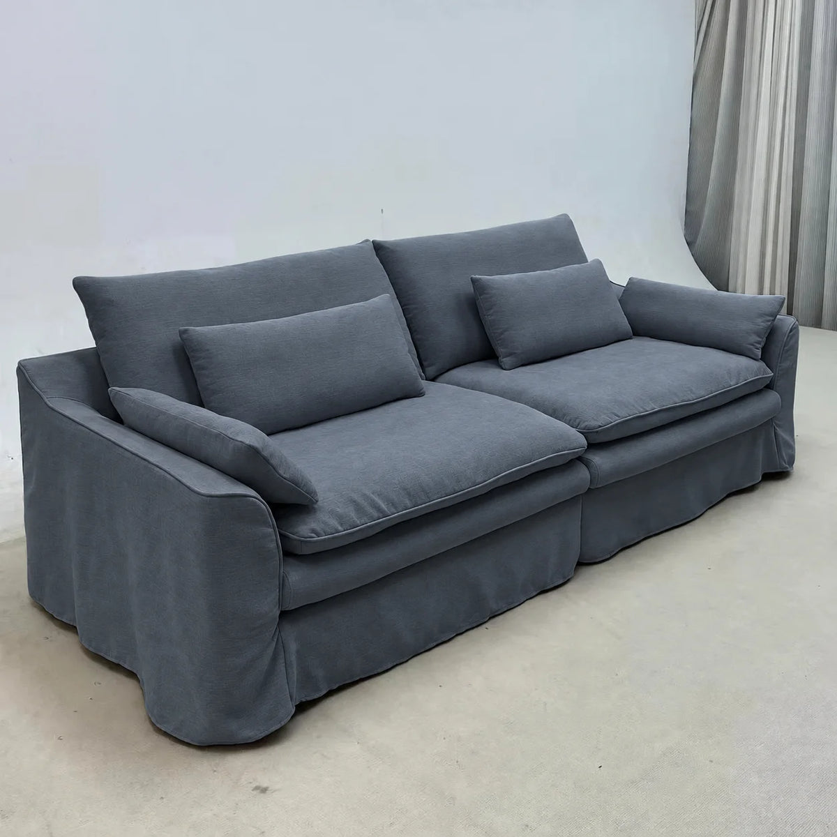 Custom Sofa Slipcover — Elara Flax · Slate Horizon