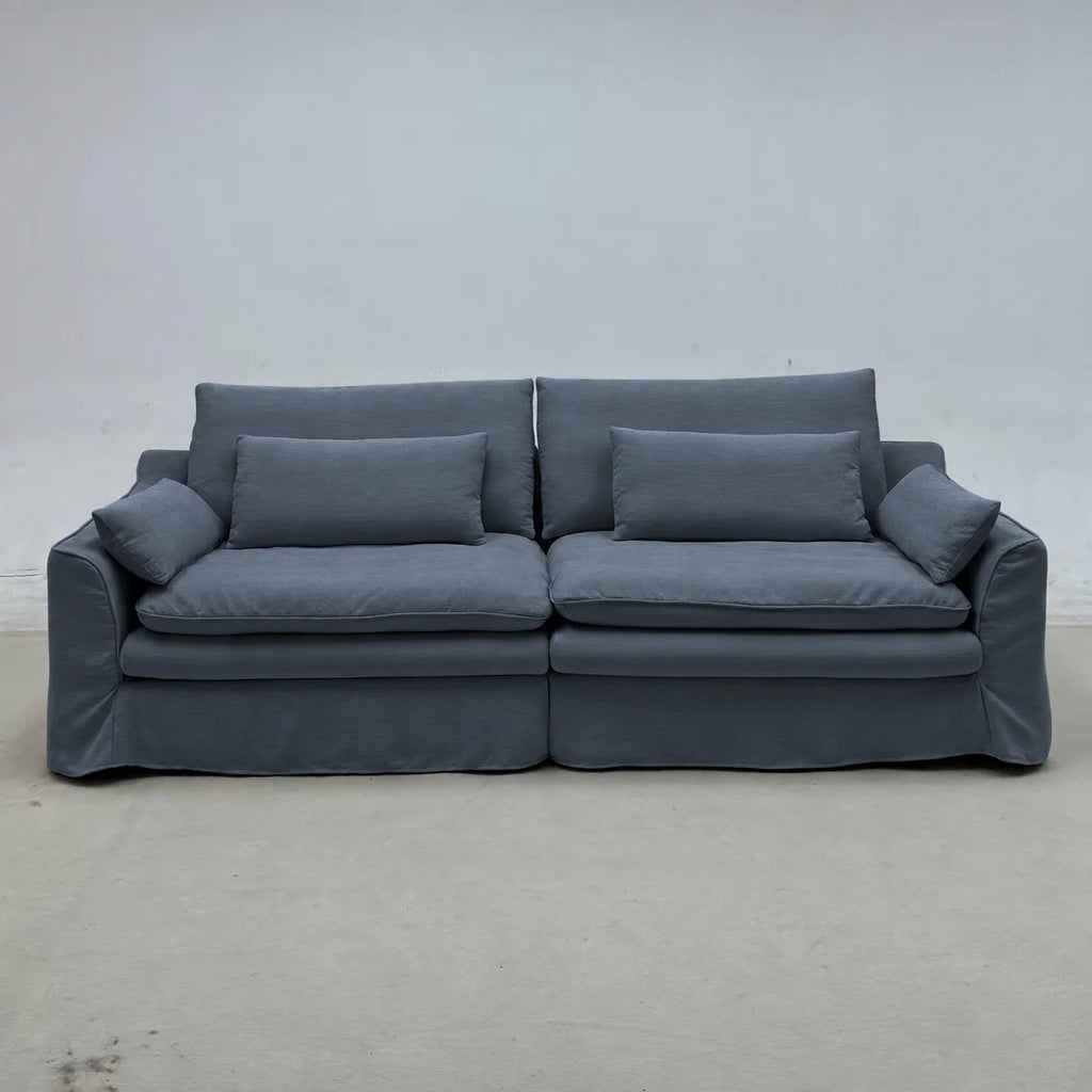 Custom Sofa Slipcover — Elara Flax · Slate Horizon