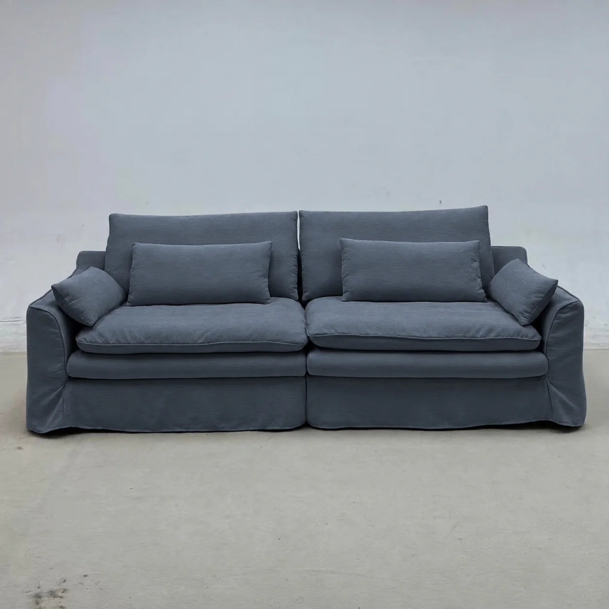 Custom Sofa Slipcover — Elara Flax · Slate Horizon