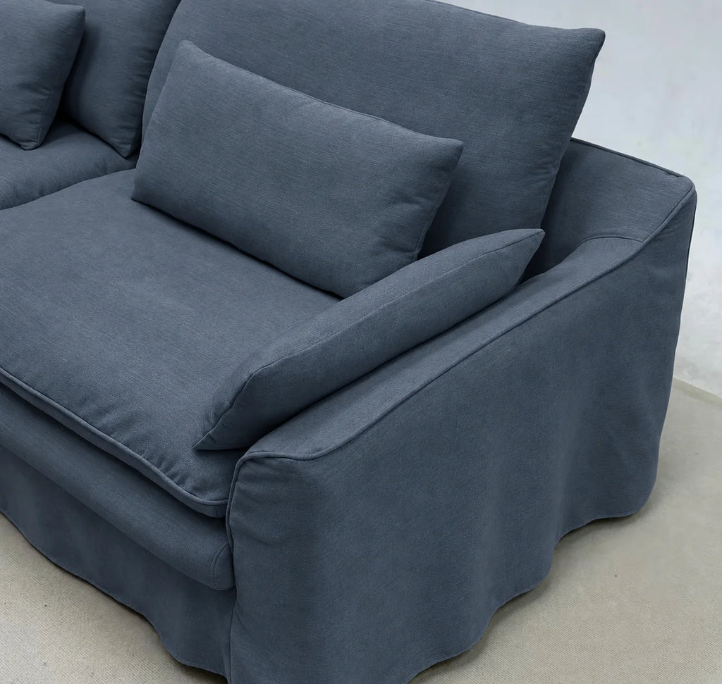 Custom Sofa Slipcover — Elara Flax · Slate Horizon