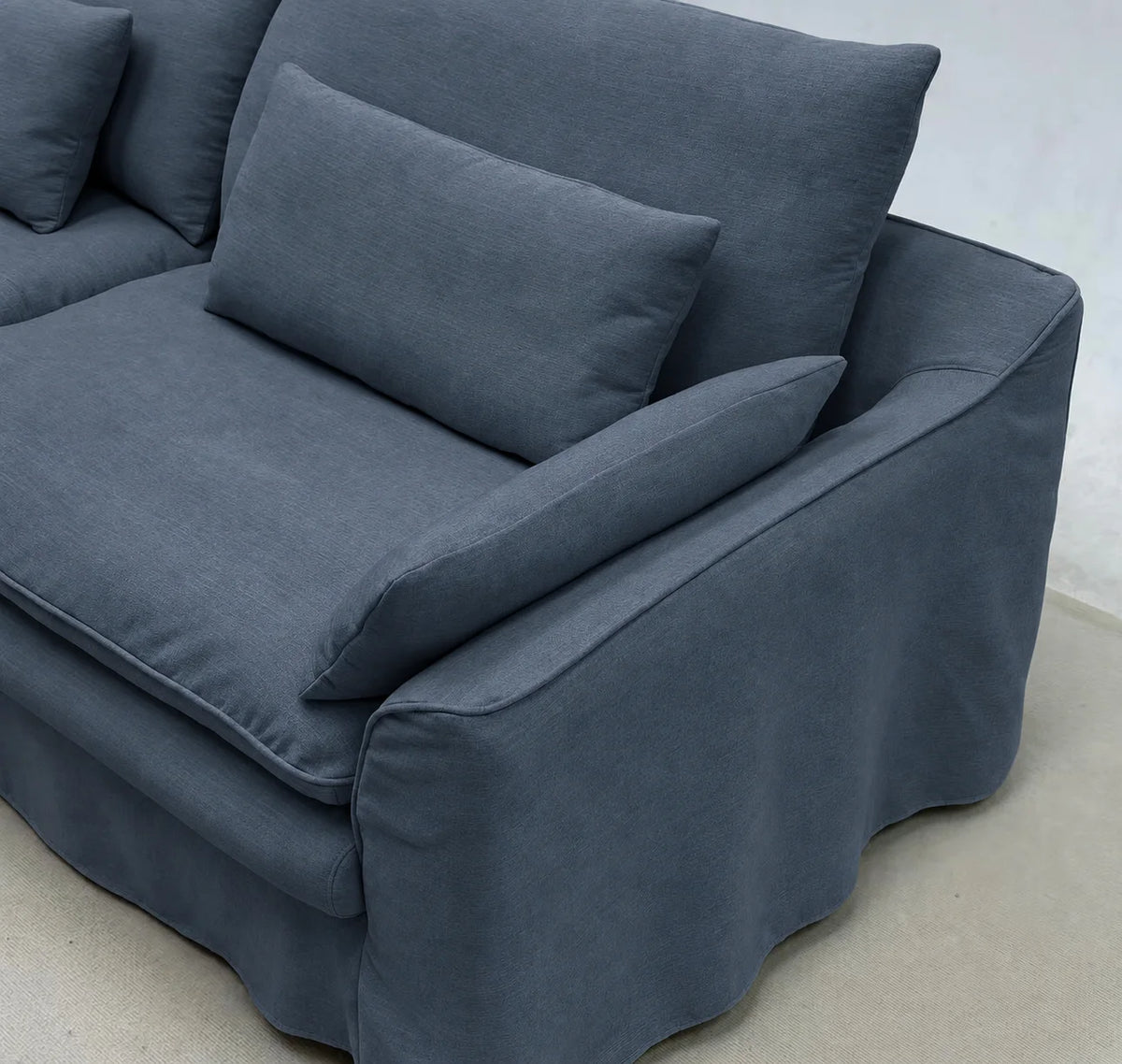 Custom Sofa Slipcover — Elara Flax · Slate Horizon