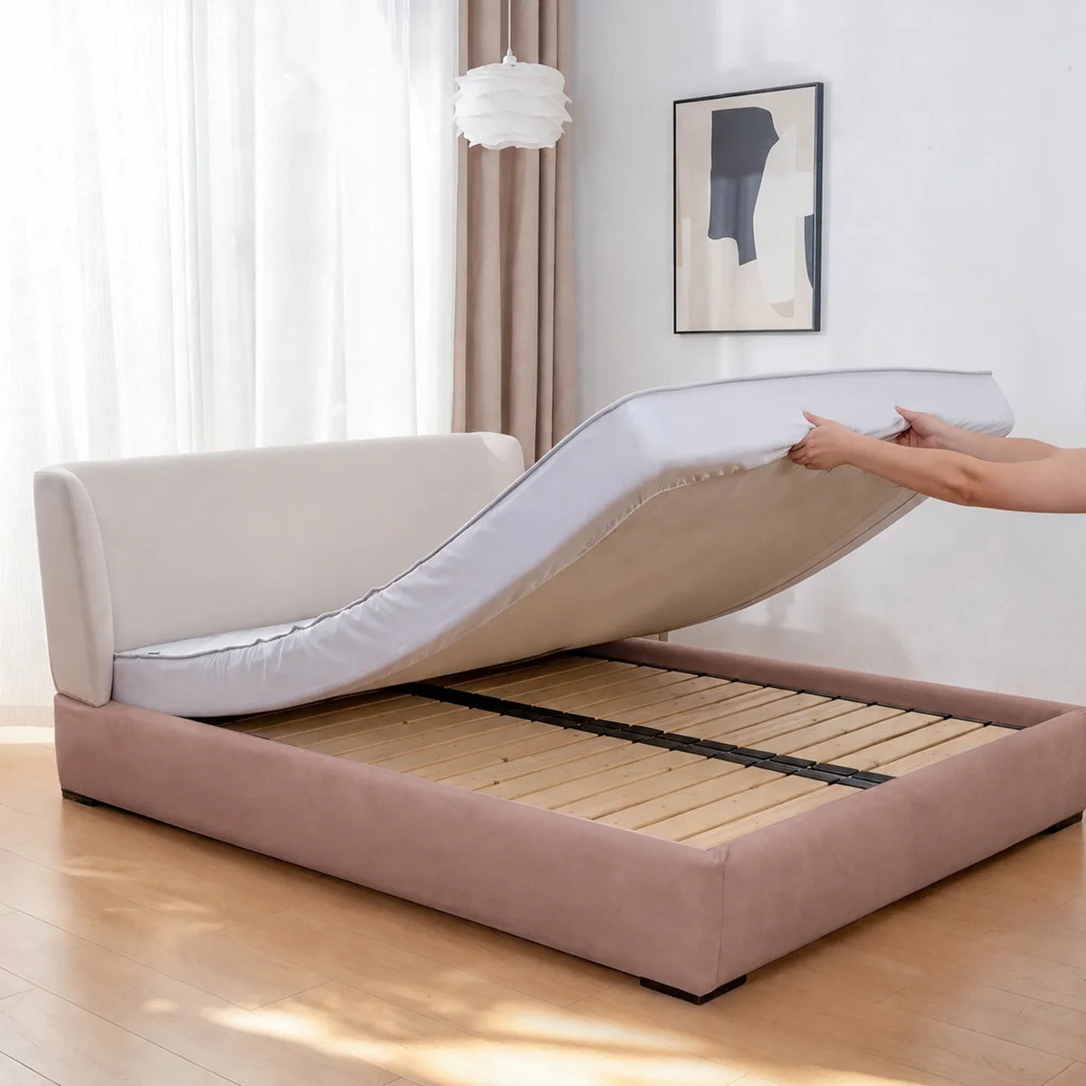 Dusty Rose · Stretch-Fit Inset Bed Frame Cover · Elastic Bands + Back Elastic