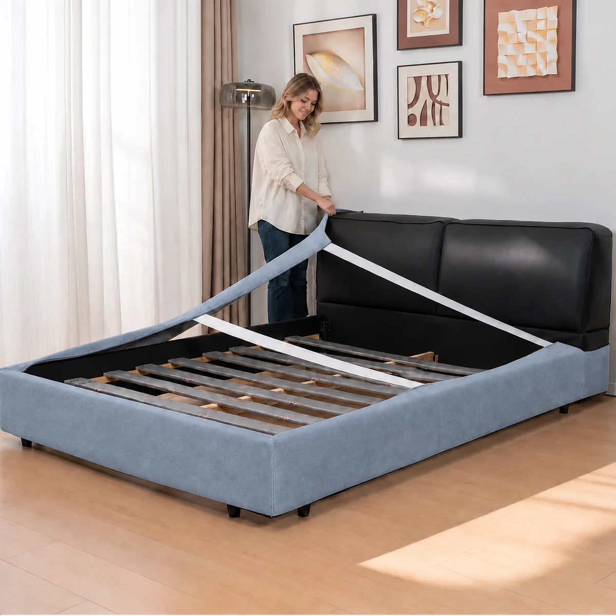 Dusty Blue-Gray · Stretch-Fit Bed Frame Cover