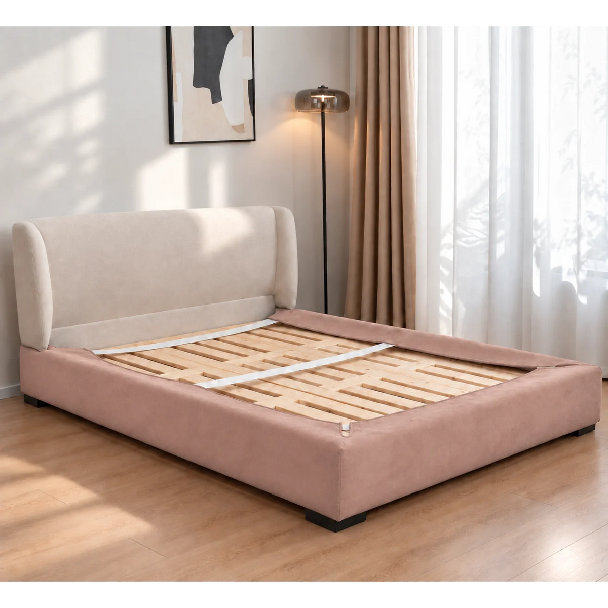 Dusty Rose · Stretch-Fit Inset Bed Frame Cover · Elastic Bands + Back Elastic