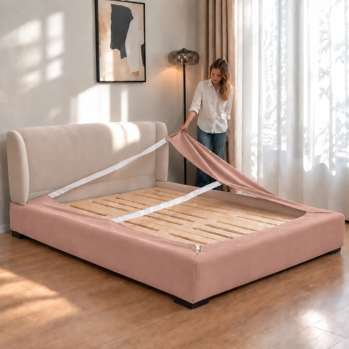 Dusty Rose · Stretch-Fit Inset Bed Frame Cover · Elastic Bands + Back Elastic