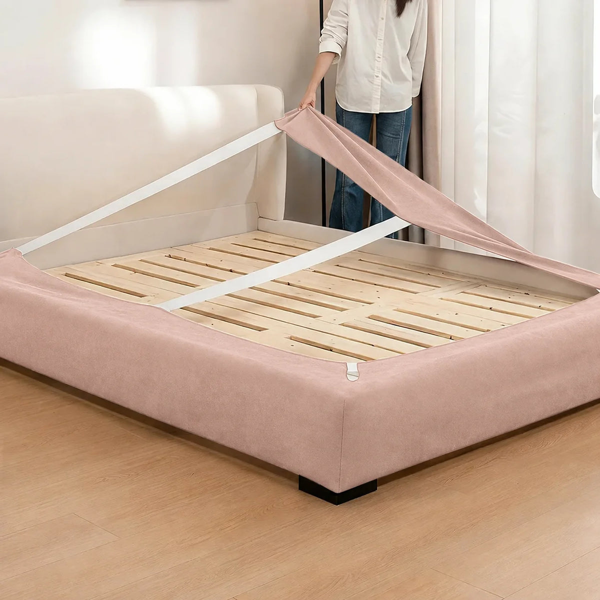 Dusty Rose · Stretch-Fit Inset Bed Frame Cover · Elastic Bands + Back Elastic