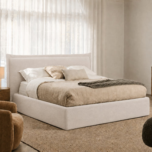 Custom Bed Frame Cover — Elara Flax · Ivory Cloud