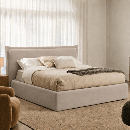 Custom Bed Frame Cover — Elara Flax · Sandstone Beige