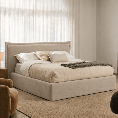 Custom Bed Frame Cover — Elara Flax · Sahara Camel