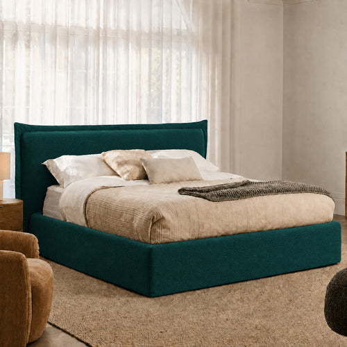 Custom Bed Frame Cover — Elara Flax · Emerald Jewel