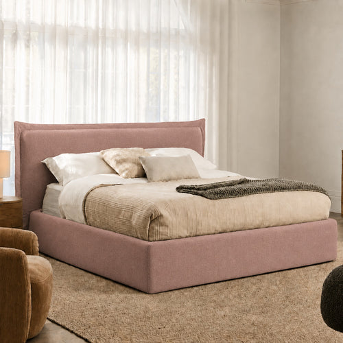 Custom Bed Frame Cover — Elara Flax · Rosewood Dusk