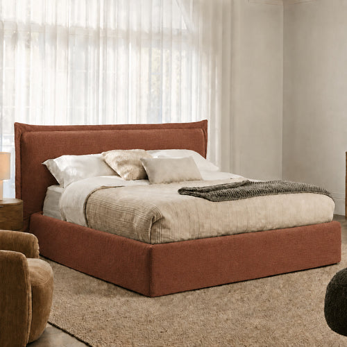 Custom Bed Frame Cover — Elara Flax · Imperial Crimson