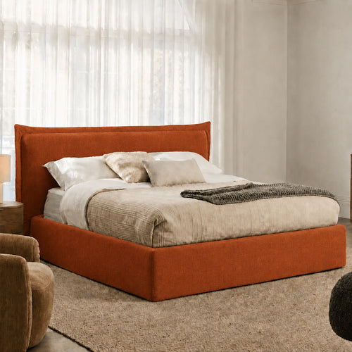 Custom Bed Frame Cover — Elara Flax · Sienna Flame