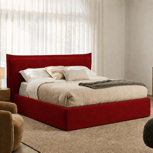 Custom Bed Frame Cover — Elara Flax · Ruby Cherry