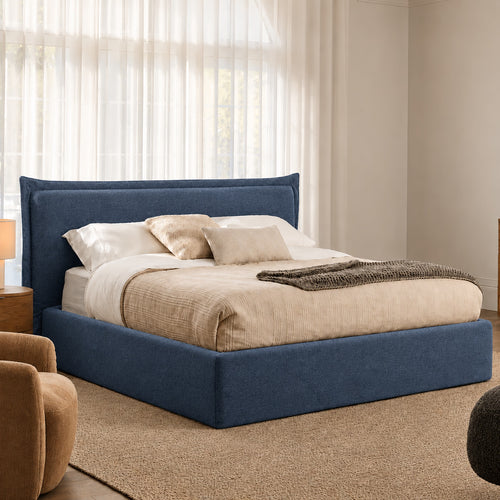 Custom Bed Frame Cover — Elara Flax · Indigo Denim
