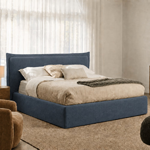 Custom Bed Frame Cover — Elara Flax · Slate Horizon