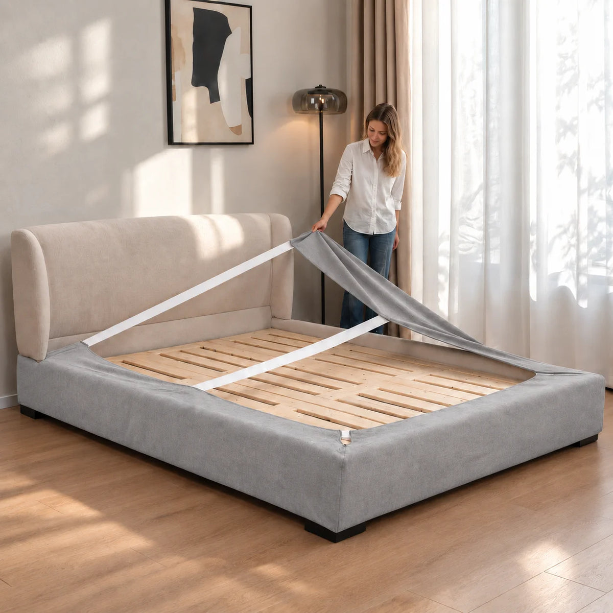 Glacier Gray · Stretch-Fit Inset Bed Frame Cover · Elastic Bands + Back Elastic