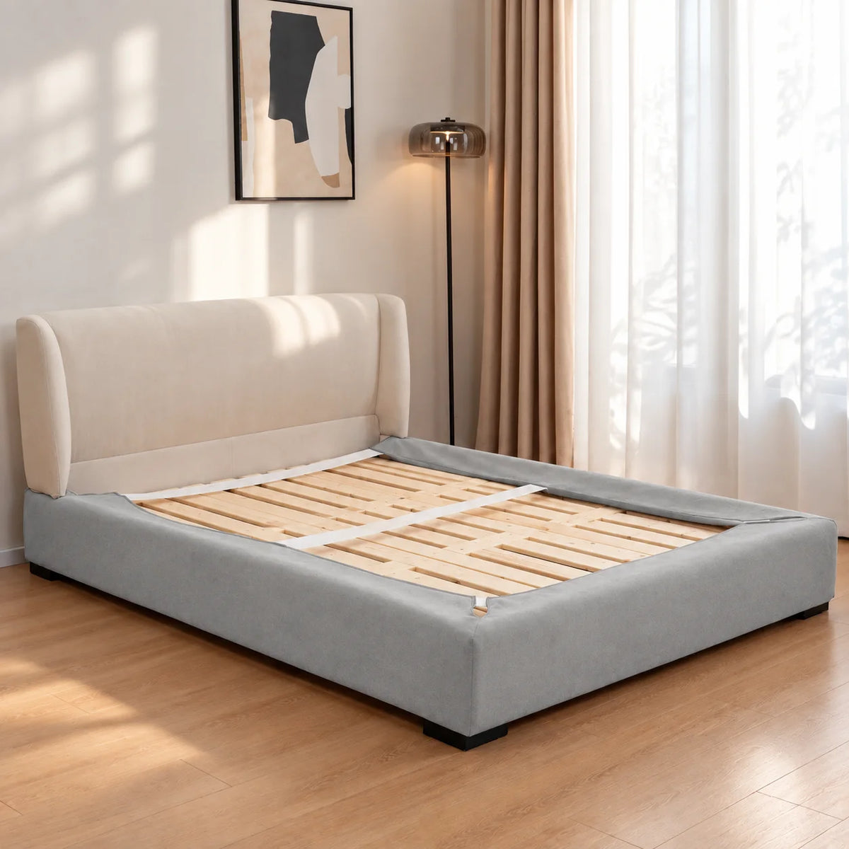 Glacier Gray · Stretch-Fit Inset Bed Frame Cover · Elastic Bands + Back Elastic