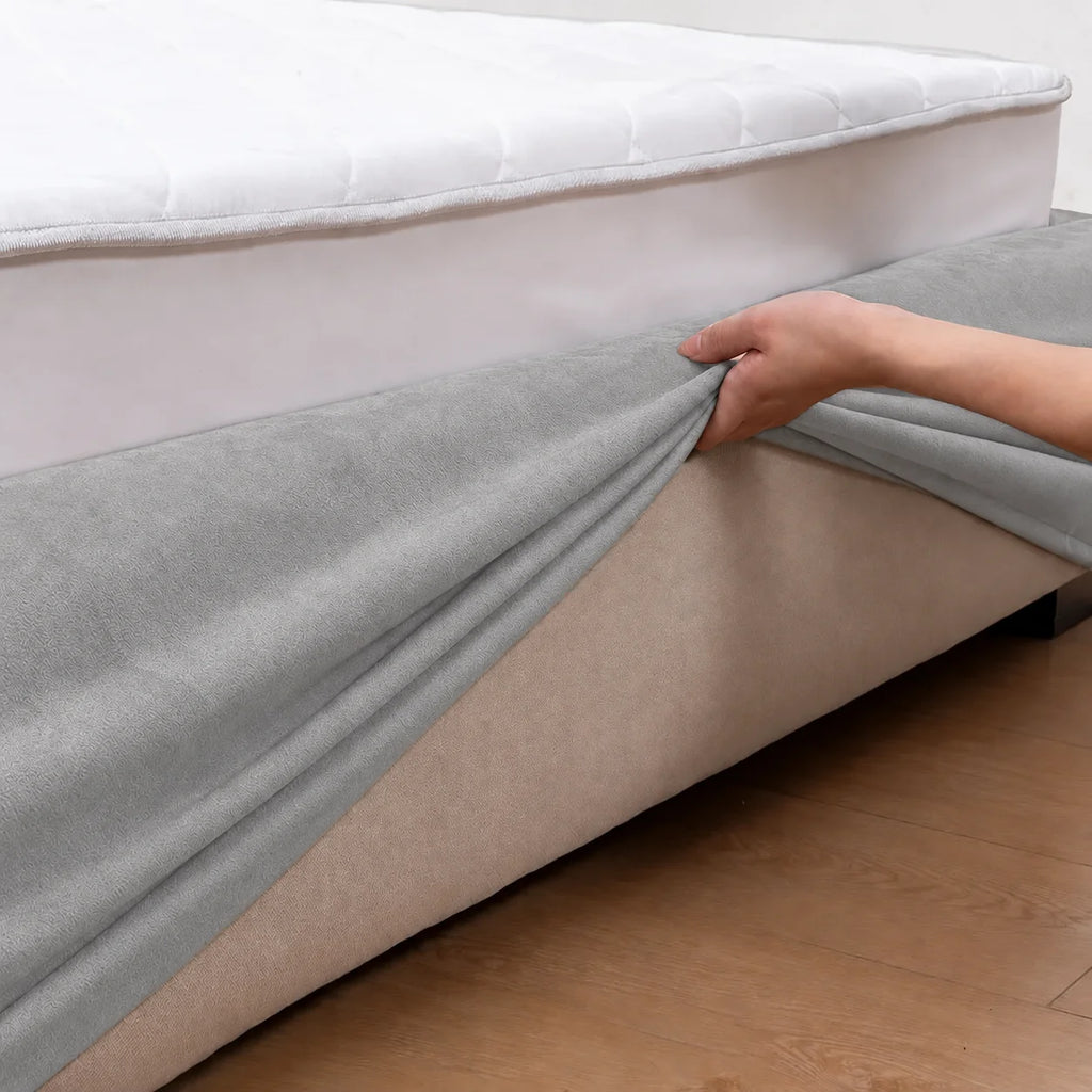 Glacier Gray · Stretch-Fit Inset Bed Frame Cover · Tie Straps + Back Elastic