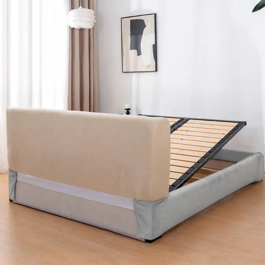 Glacier Gray · Stretch-Fit Inset Bed Frame Cover · Tie Straps + Back Elastic
