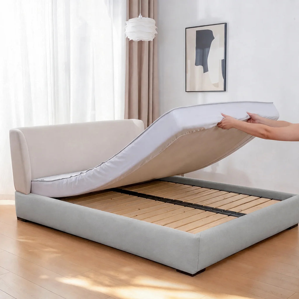 Glacier Gray · Stretch-Fit Inset Bed Frame Cover · Tie Straps + Back Elastic