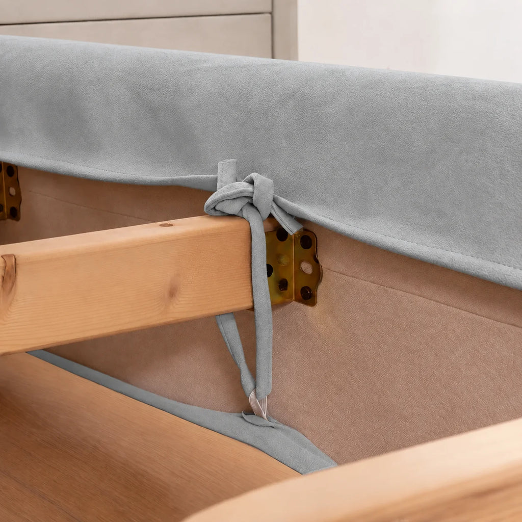 Glacier Gray · Stretch-Fit Inset Bed Frame Cover · Tie Straps + Back Elastic