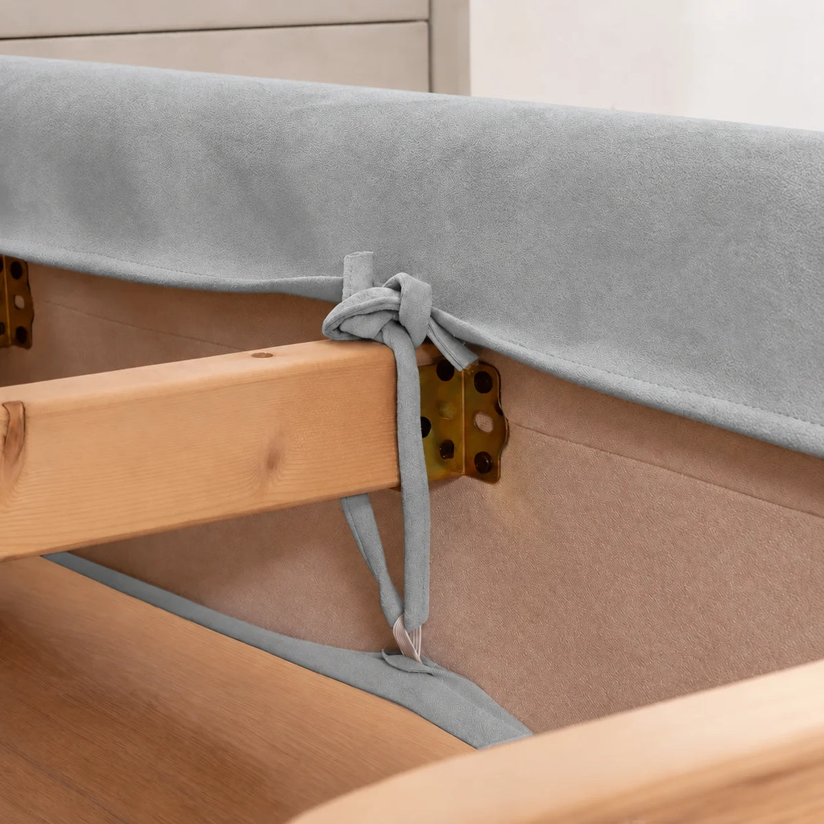 Glacier Gray · Stretch-Fit Inset Bed Frame Cover · Tie Straps + Back Elastic