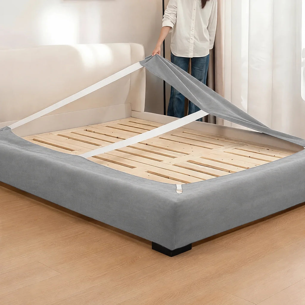 Glacier Gray · Stretch-Fit Inset Bed Frame Cover · Elastic Bands + Back Elastic