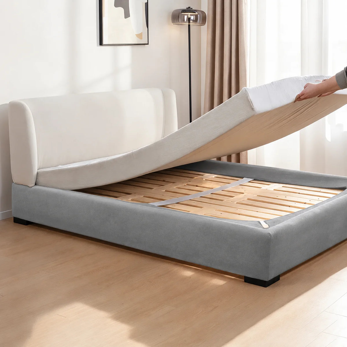 Glacier Gray · Stretch-Fit Inset Bed Frame Cover · Elastic Bands + Back Elastic