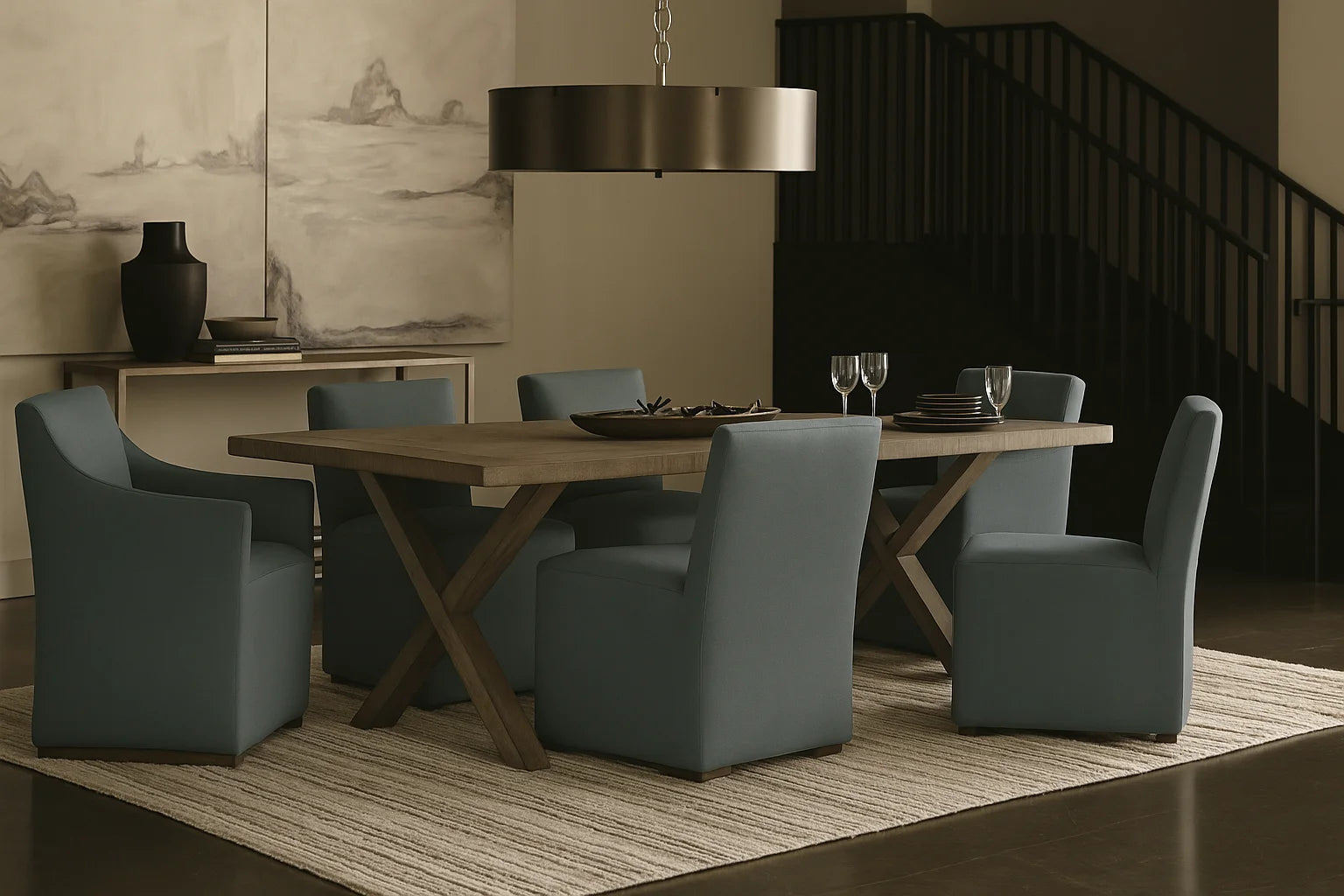 Hazy Blue WB PBV2042 - 15 | Long-Skirt Dining Chair with armrest Slipcover