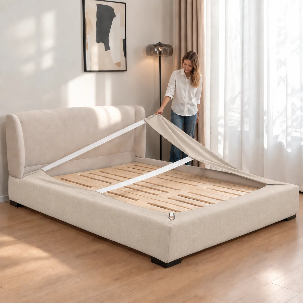 Ivory Cream · Stretch-Fit Inset Bed Frame Cover · Elastic Bands + Back Elastic