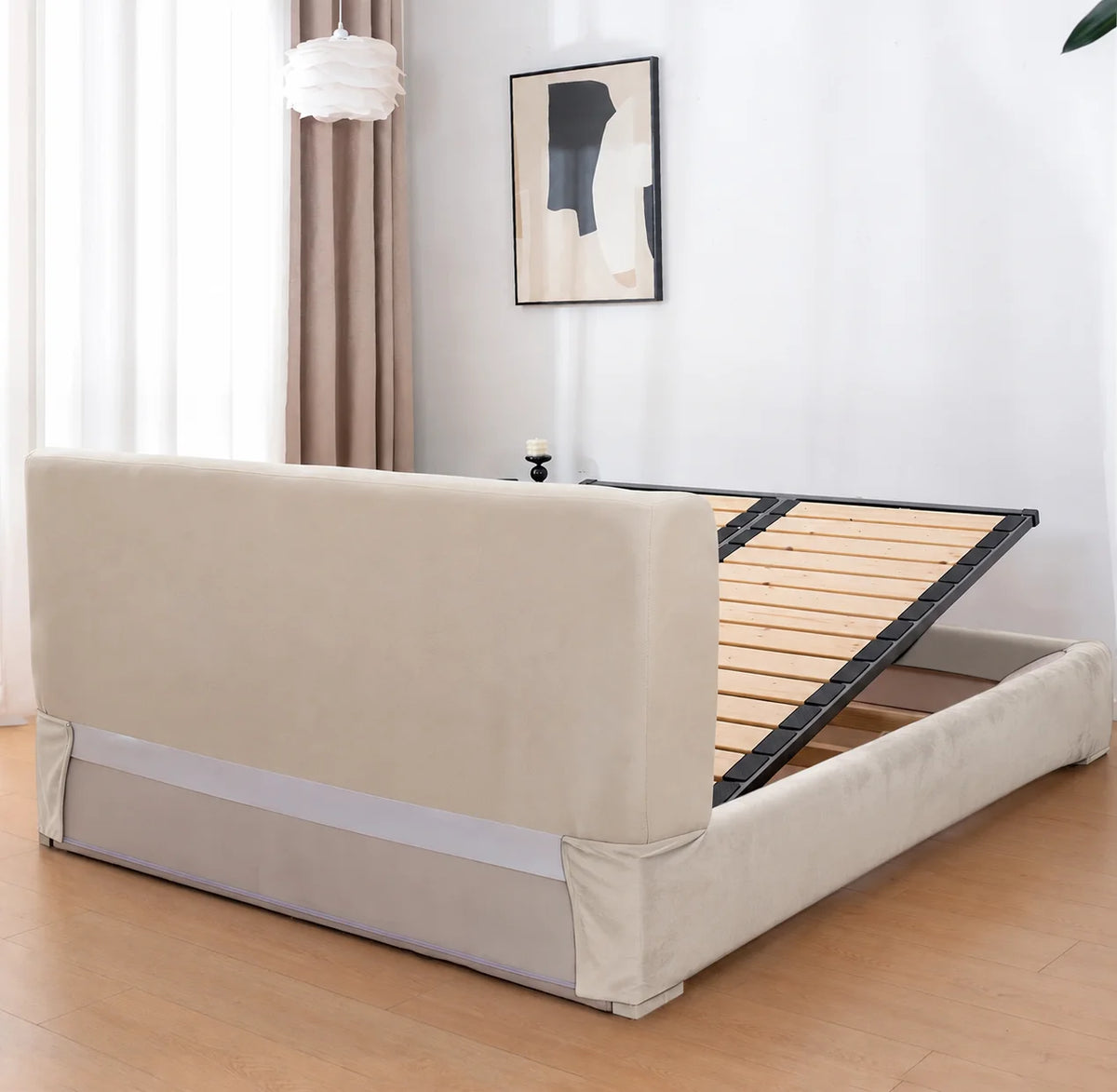 Ivory Cream · Stretch-Fit Inset Bed Frame Cover · Tie Straps + Back Elastic