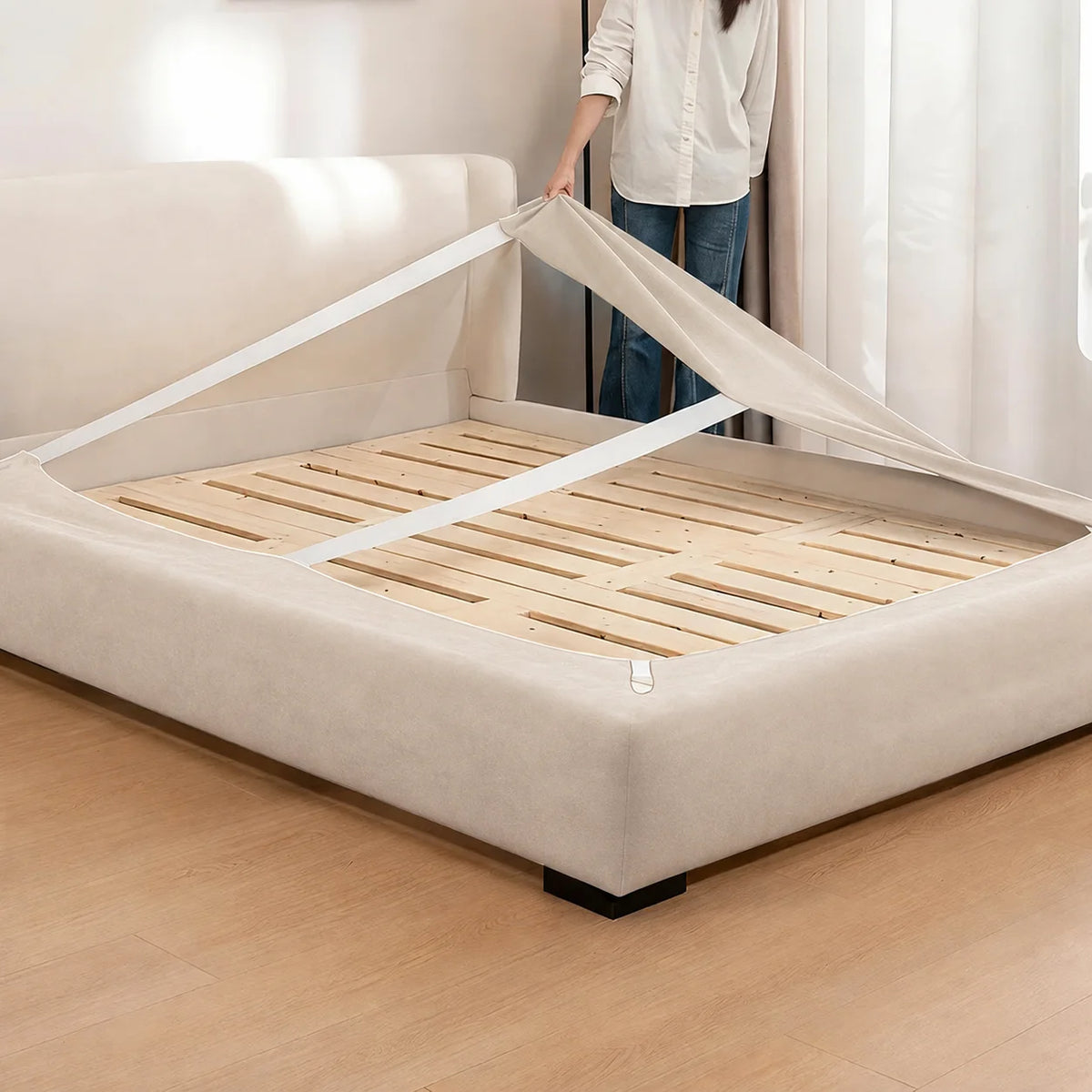 Ivory Cream · Stretch-Fit Inset Bed Frame Cover · Elastic Bands + Back Elastic